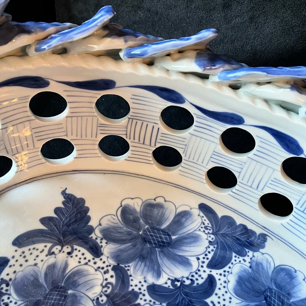 Maitland Smith Porcelain Ceramic Woven Leaf Rimmed Large Oval Bowl Thailand Made